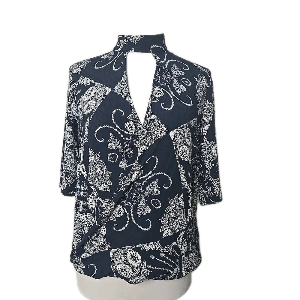 River Island Blue Floral Gauzy Faux Wrap High Neck Top UK Size 8 / US Size 4